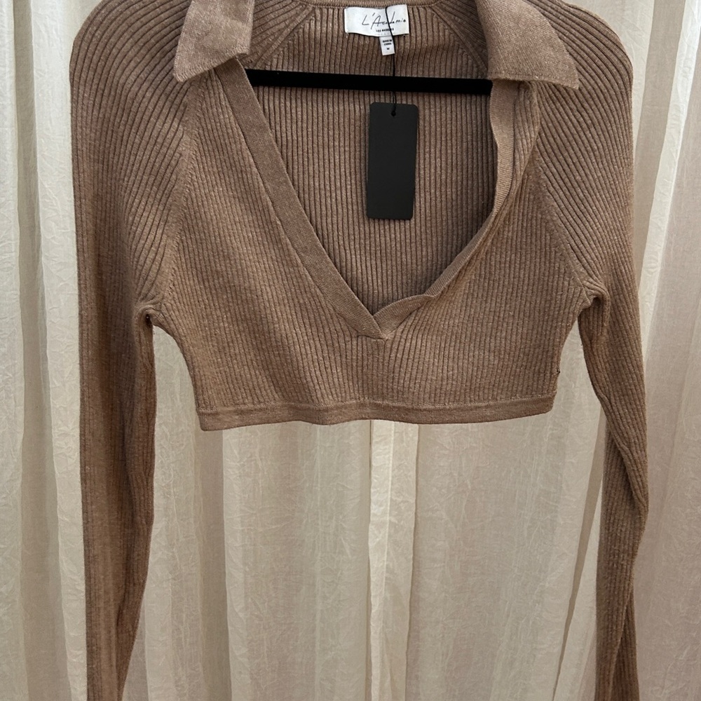 L'Academie Tan Ribbed Polo Collar Crop Top